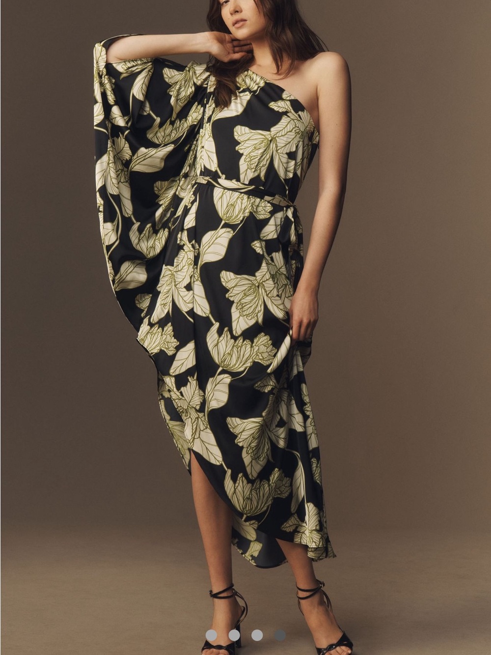Hutch Adina Strtch Satin One-Shoulder Midi Dress with Cream Leaf Print